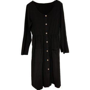 Shein Long-Sleeved Fit & Flare Dress w/ Faux Button-Front & Pockets in Black, XL